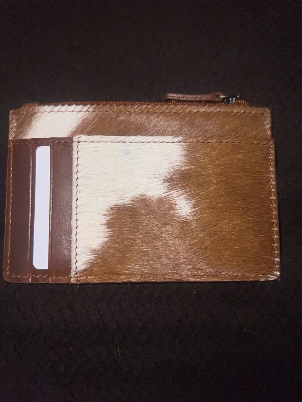 Brown and White Hair-On Leather Card Holder with Zip